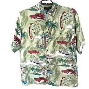 Silk Traders 100% SIlk Hawaiian Camp Mens Shirt Sz L Coastal Tropical Retro Car